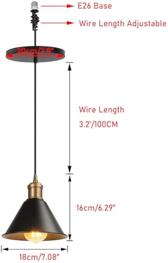 Kiven Vintage Black Pendant Light with Adjustable Wire - E26 Base Ceiling Fixture, Kitchen/Bedroom Lighting