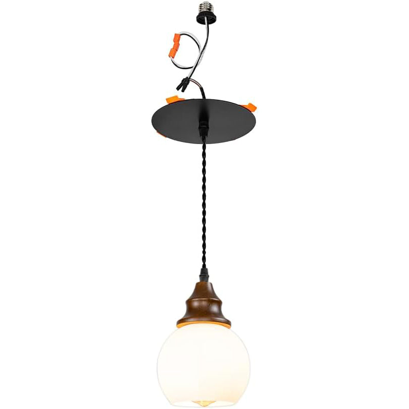 1 Pcs Recessed Retrofit Pendant Conversion Kit E26 Power Connector 3.2 Ft Adjusted Cord E26 Walnut Base White Glass Ball Shade Hanging Light Vintage Decor