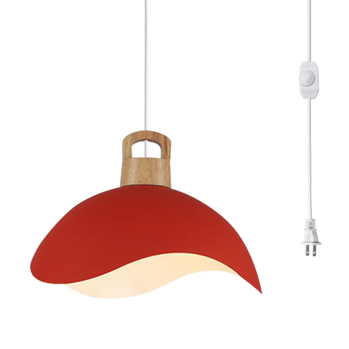 Kiven Modern Plug-in Pendant Light with Wavy Shade & Wood Top, Dimmable Hanging Cord Light