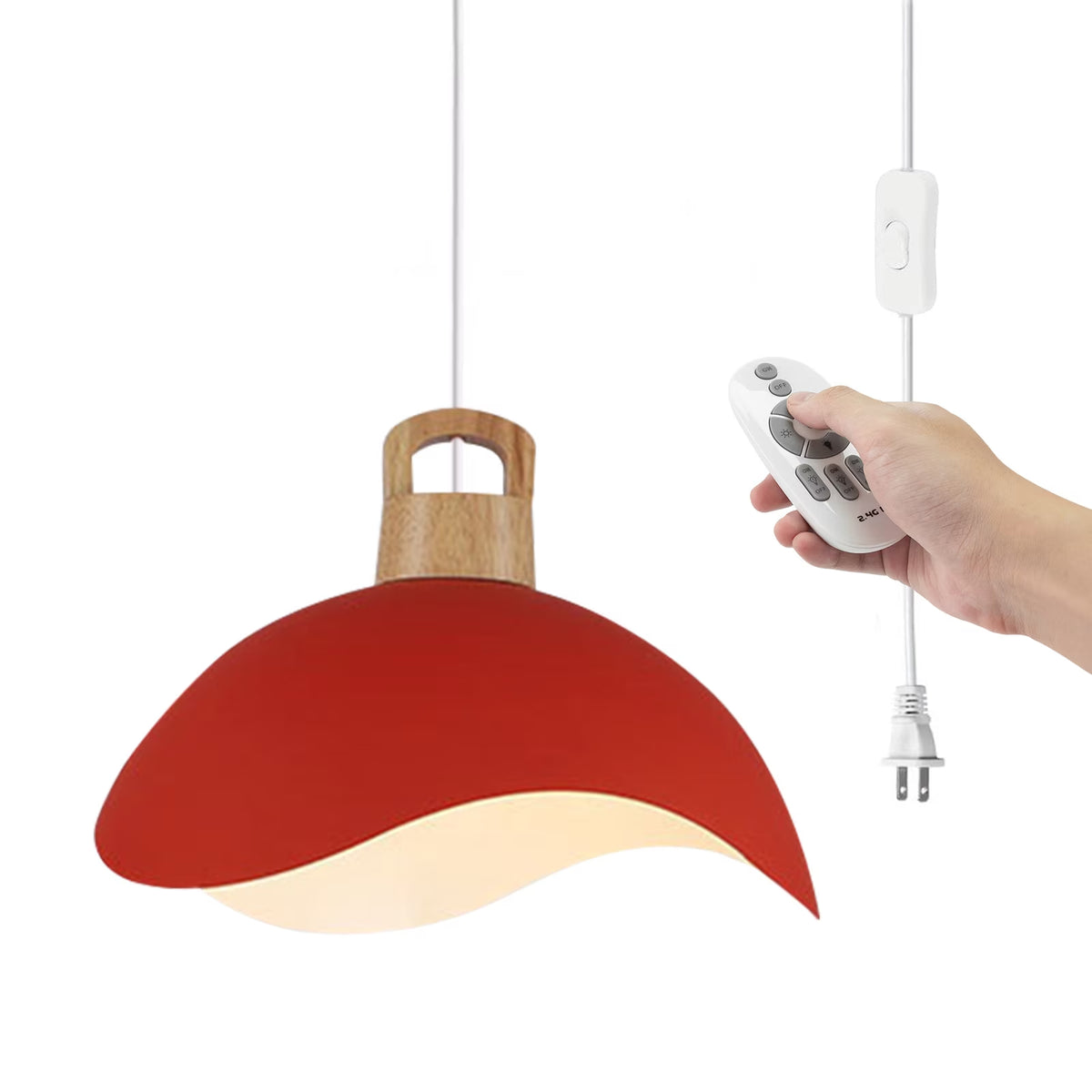 Kiven Modern Plug-in Pendant Light with Wavy Shade & Wood Top, Dimmable Hanging Cord Light
