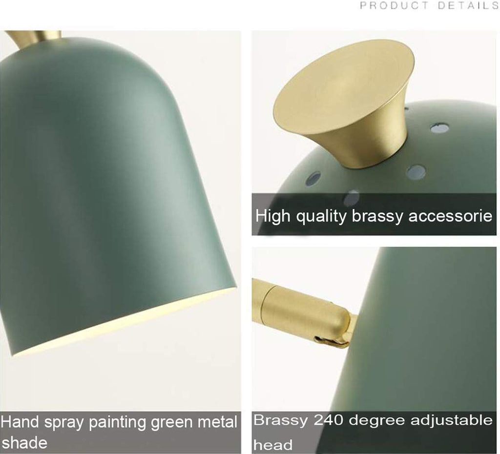 Green mid-century modern wall sconce with brass accents. Adjustable head. Kiven Lighting plug-in wall lamp.