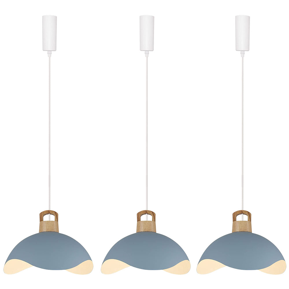 Blue iron shade track pendant lights with wooden accents. Adjustable length and ideal for modern home lighting.