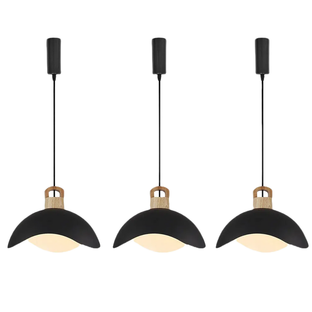 Black iron track pendant light with wooden accent, adjustable length, multi color shade for home lighting.