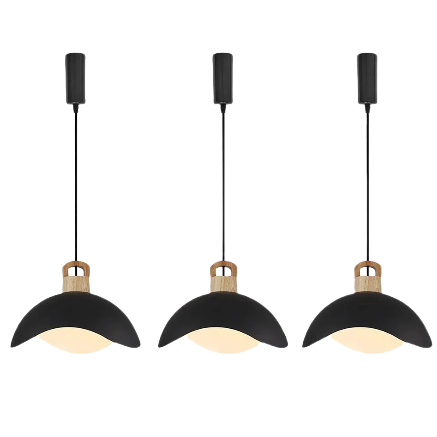 Black iron track pendant light with wooden accent, adjustable length, multi color shade for home lighting.