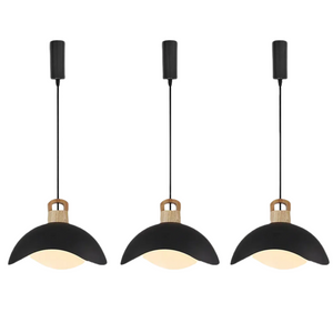 Black iron track pendant light with wooden accent, adjustable length, multi color shade for home lighting.