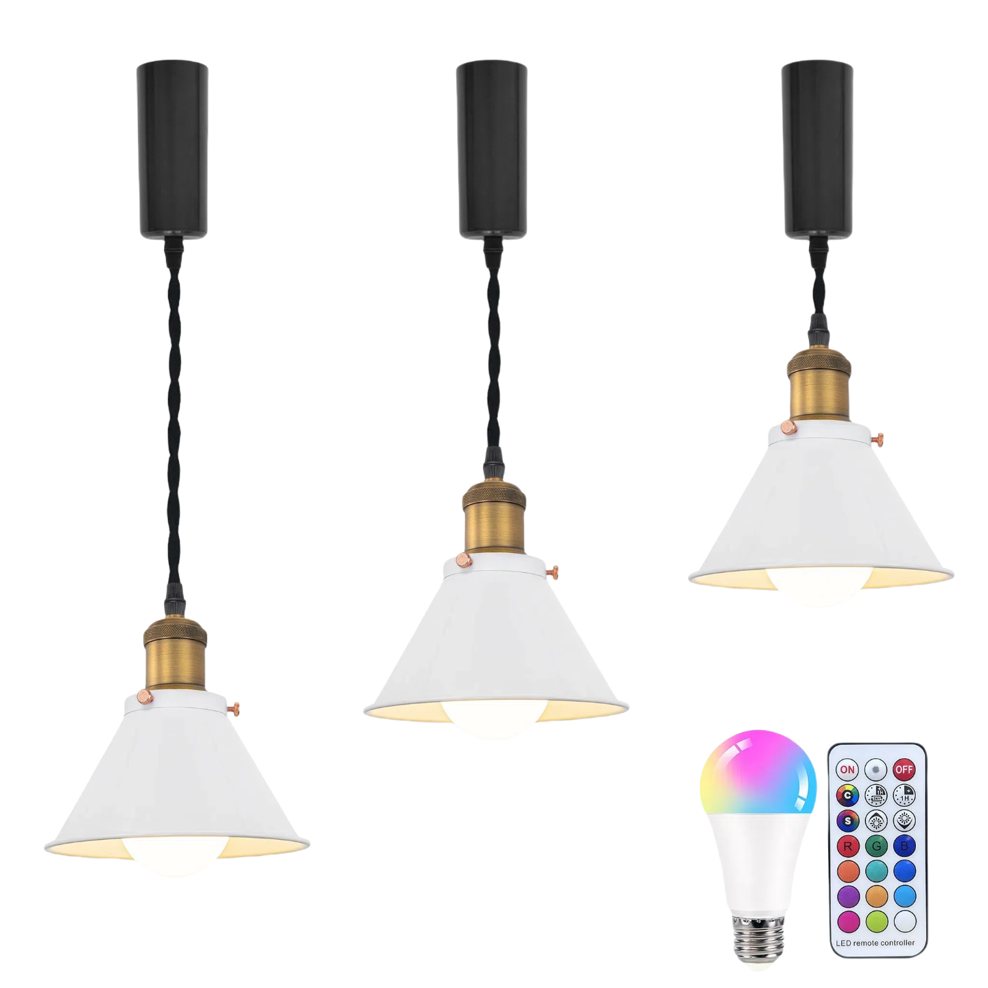 Vintage White Track Pendant Light with RGB LED, Brown Bronze Finish, Remote Control.