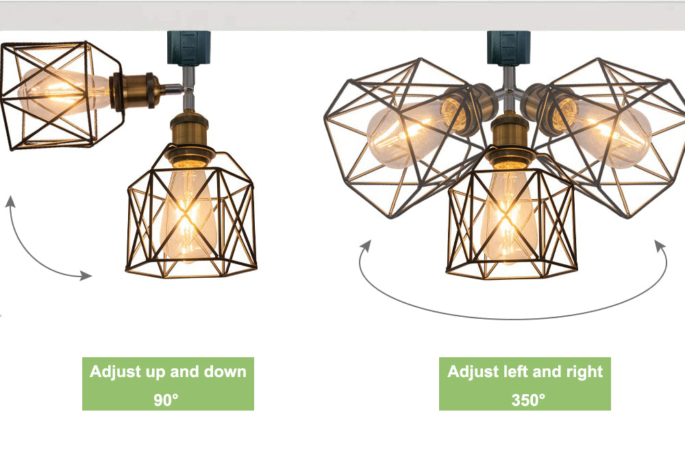 Adjustable vintage track light with metal cage shades, rotatable and tilt adjustable for accent lighting.