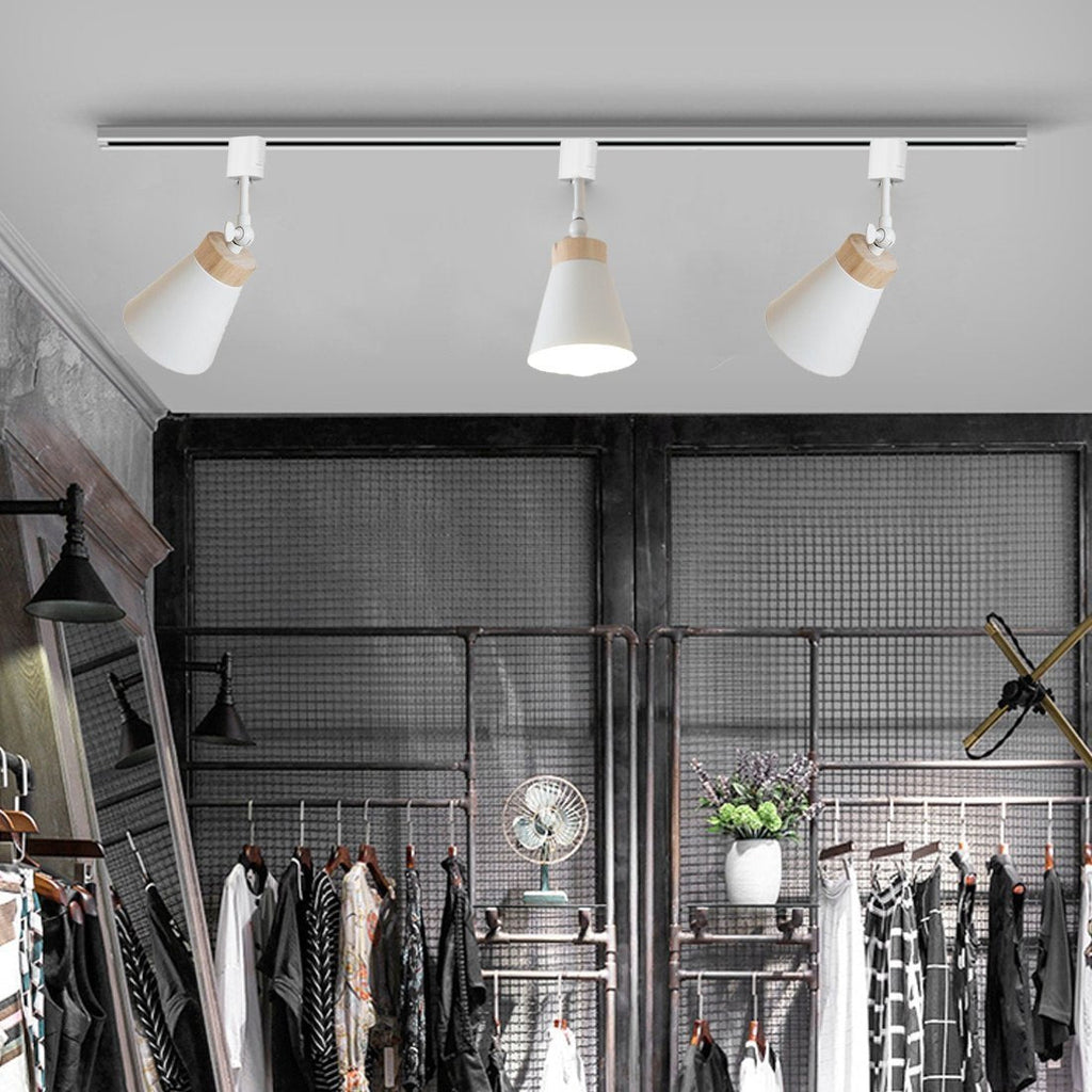 Modern track pendant lights, white finish with wood accent, adjustable for kitchen, bedroom, dining room lighting.