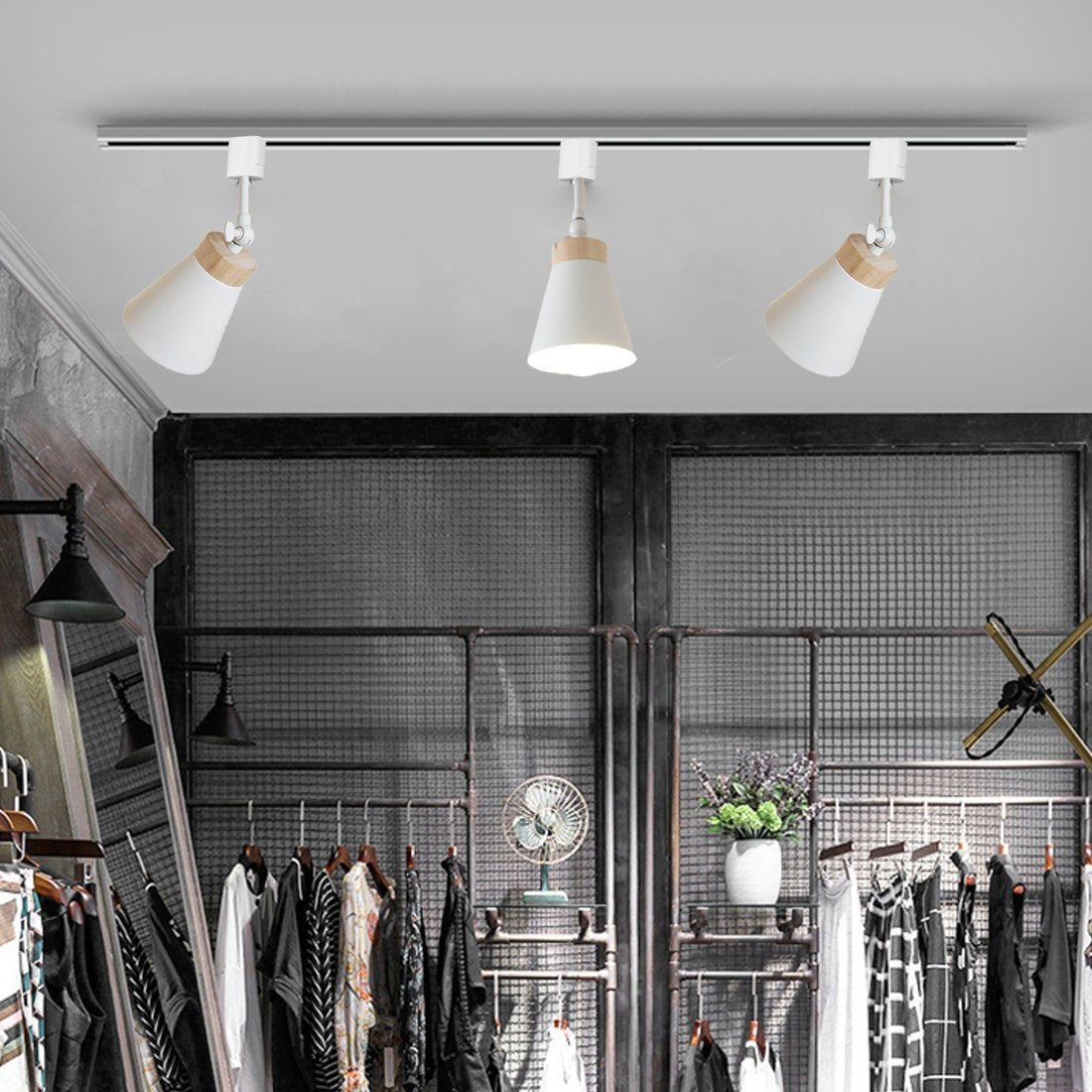 Modern track pendant lights, white finish with wood accent, adjustable for kitchen, bedroom, dining room lighting.