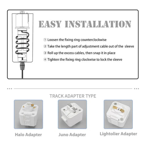Easy installation guide for Kiven pendant lights, featuring Halo, Juno, and Lightolier track adapters