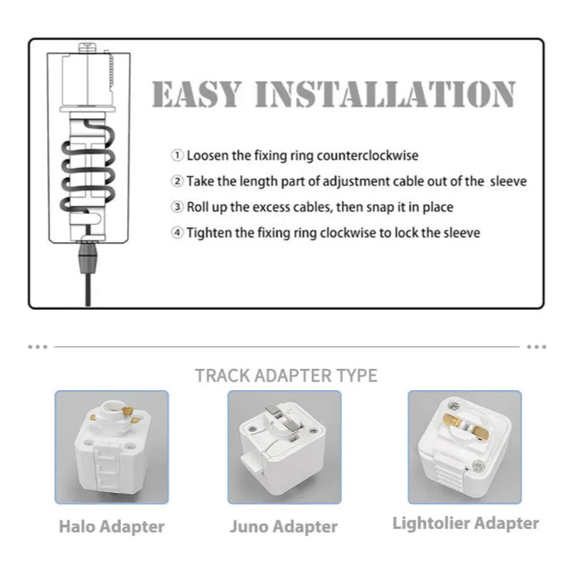 Track pendant light installation guide, featuring Halo, Juno, Lightolier adapter options, perfect for kitchen or dining room.