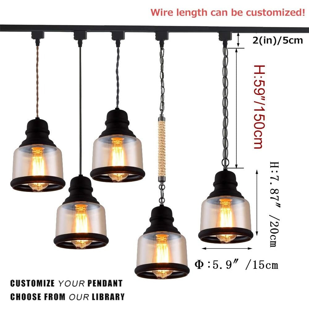 Industrial Vintage Pendant Lighting with Amber Glass Shades. Customizable Length, perfect for Kitchen, Bedroom, Dining.