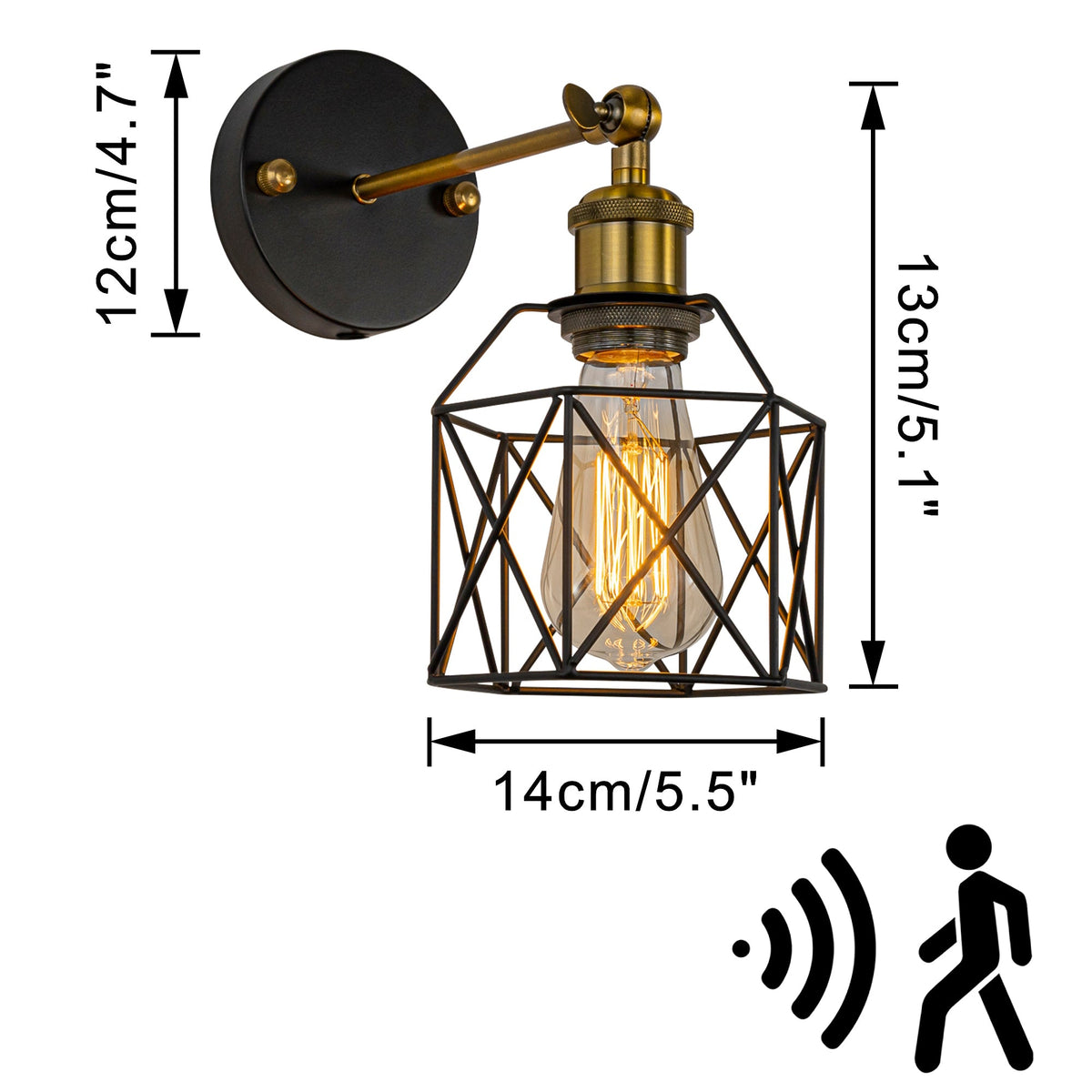 Industrial Rechargeable Motion Sensor Wall Sconce - Battery Powered Geometric Metal Cage Wall Light with Edison Bulb