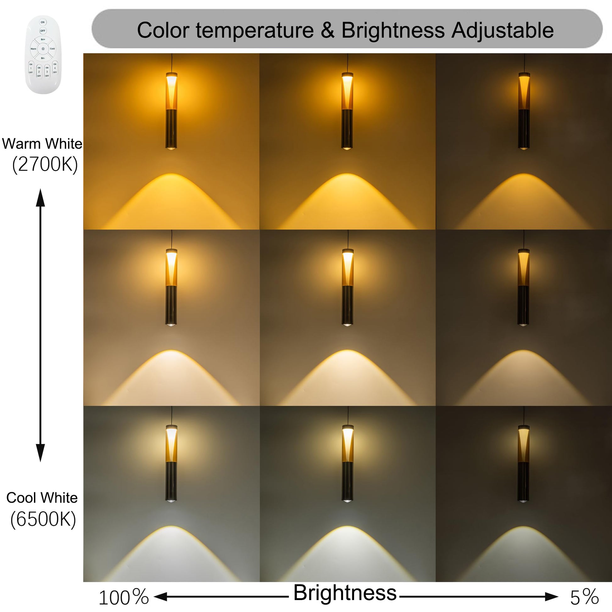 Dimmable and color temperature adjustable LED track pendant light infographic, showcasing 3-CCT shifting from 2700K warm white to 6500K cool white and smooth dimming from 100% to 5% via remote control