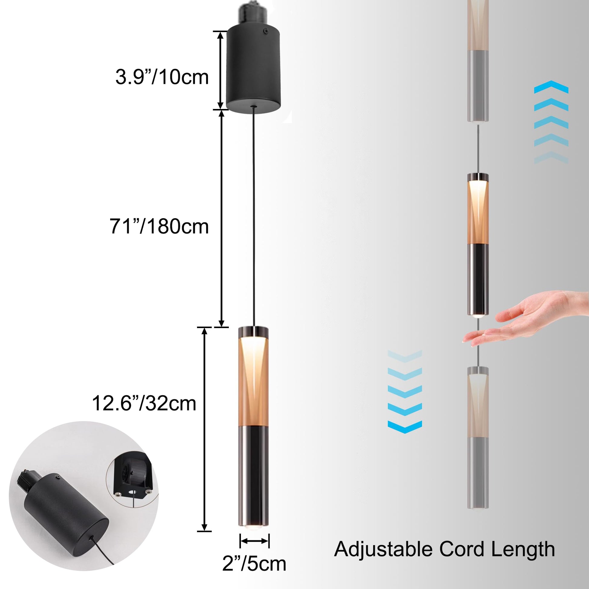 Dimension diagram and tool-free adjustable cord length infographic for LED H-type track pendant light with mechanical roll-up winder, showing 71-inch max wire extension and 12.6-inch matte black cylinder dimensions