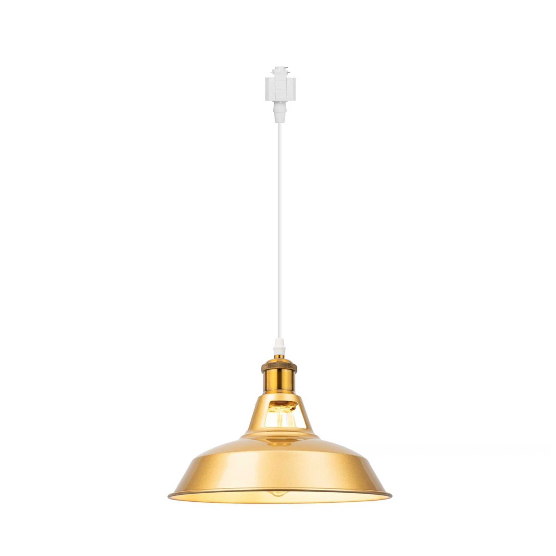 Brushed brass vintage track pendant light fixture with white cord and H-type track adapter, industrial metal dome hanging lamp for kitchen island lighting