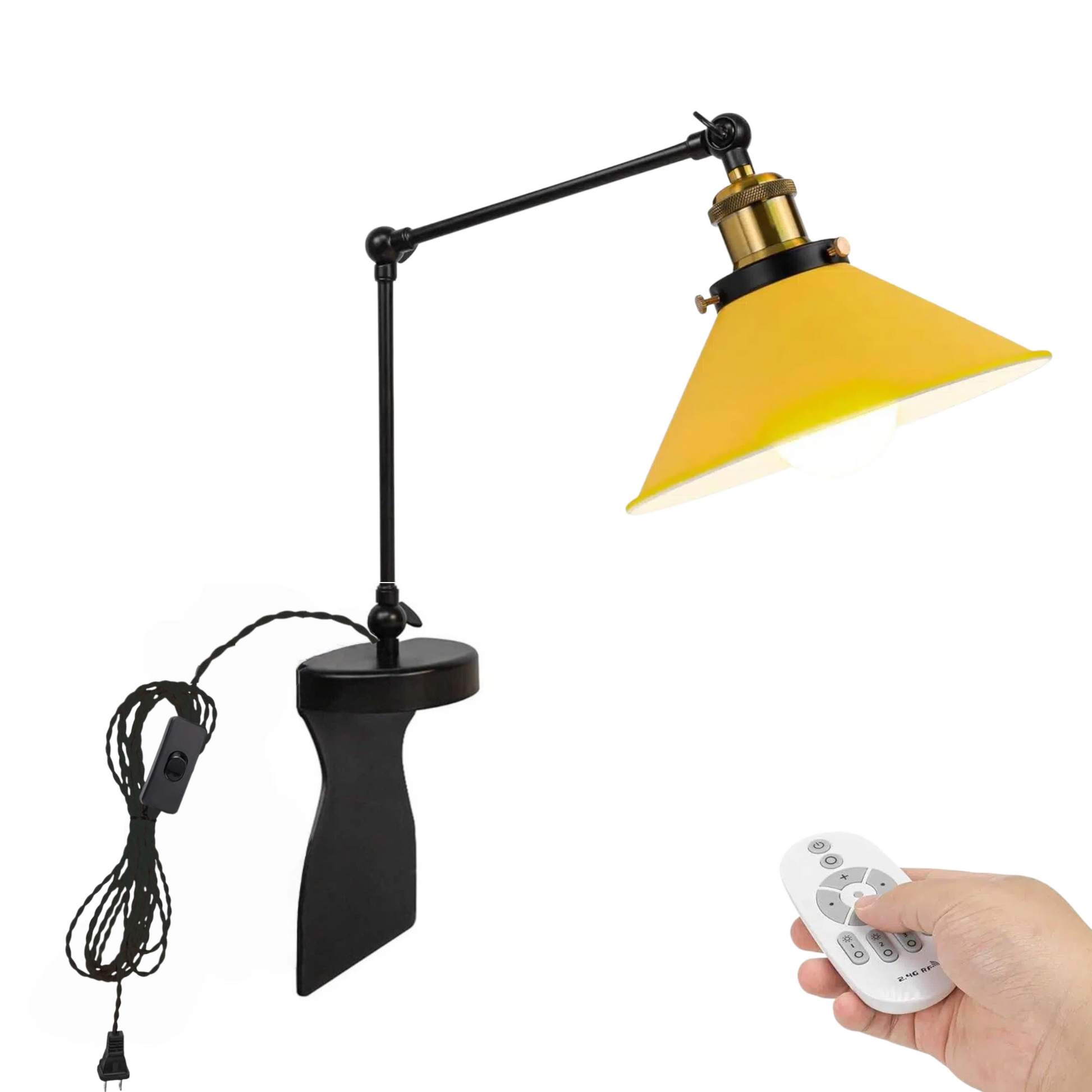 Kiven black headboard reading lamp with yellow lampshade, adjustable swing arm and dimmable LED controlled by remote.
