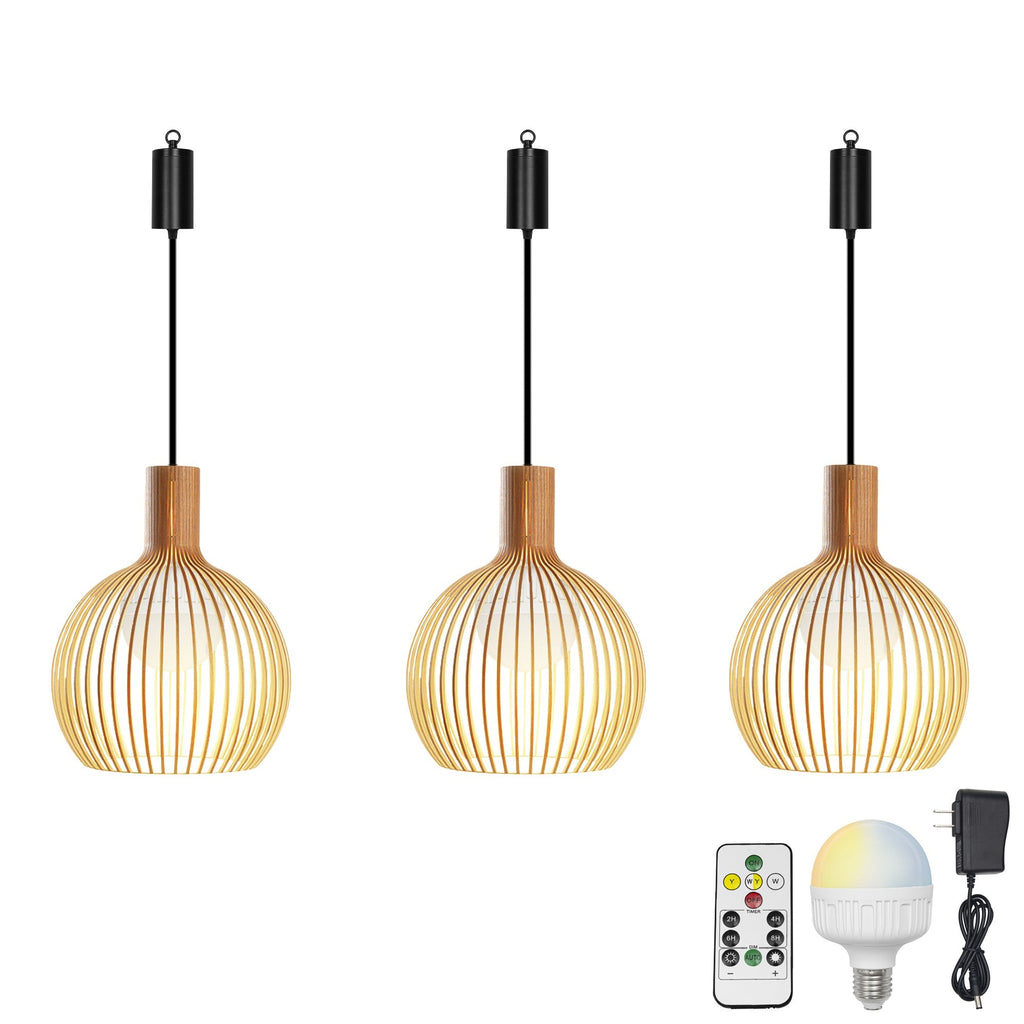 Wood pendant lights with adjustable cord and LED bulb, offering wireless dimmable lighting from Kiven Lighting.