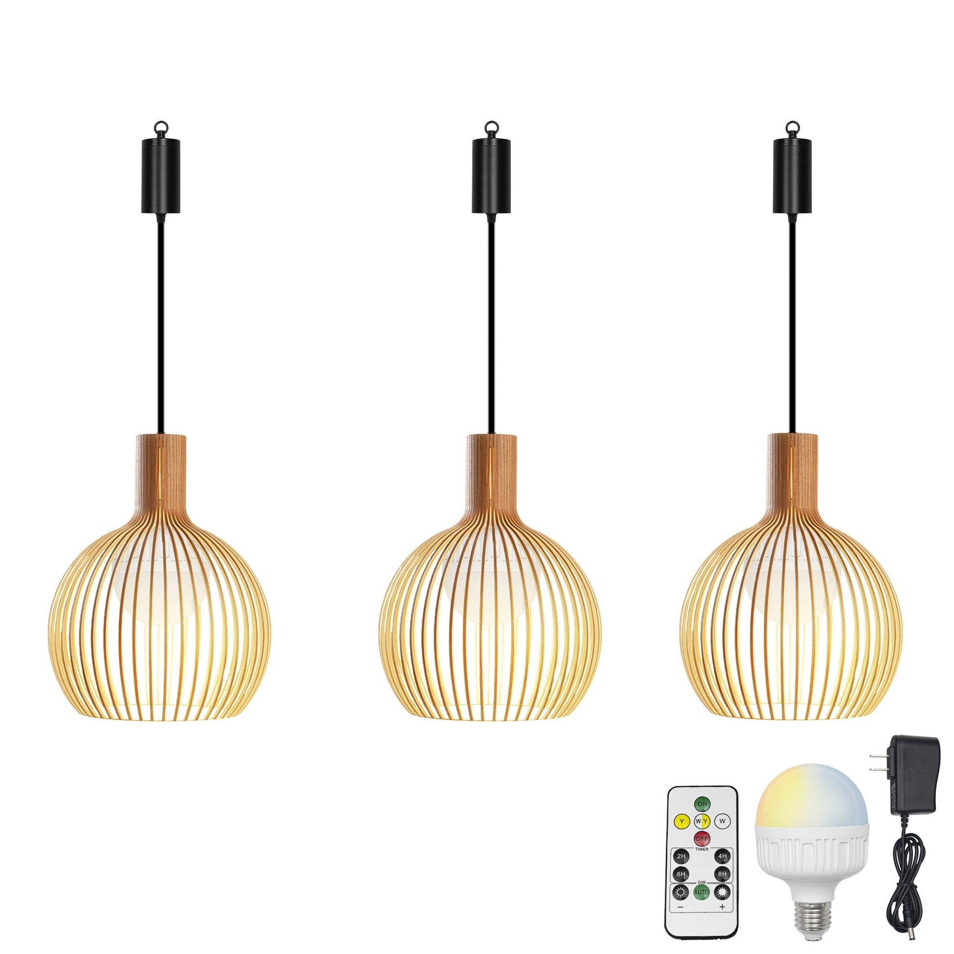 Wood pendant lights with adjustable cord and LED bulb, offering wireless dimmable lighting from Kiven Lighting.