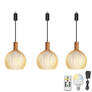 Rechargeable Battery Adjustable Cord Pendant Light Wood Shade Smart LED Bulbs with Remote Minimalist Design