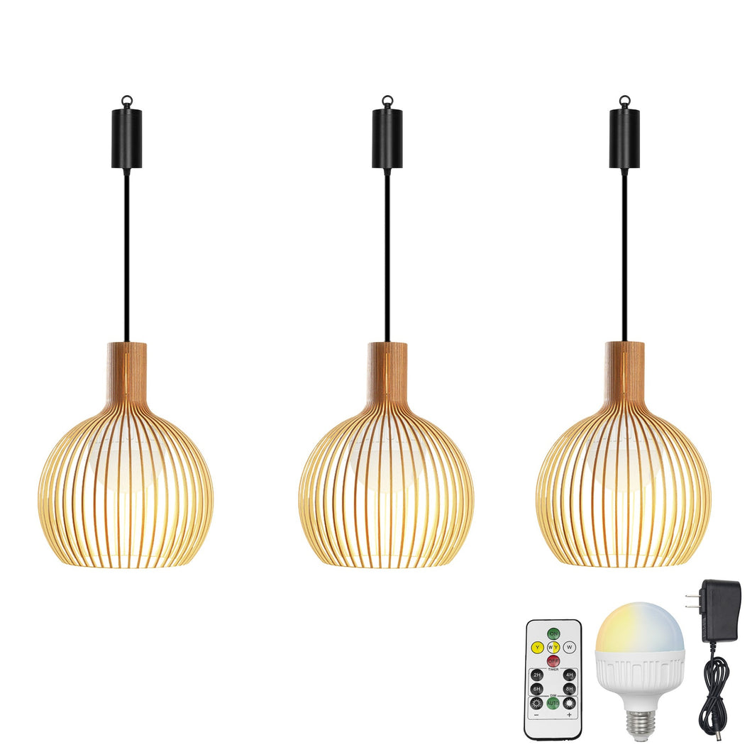 Rechargeable Battery Adjustable Cord Pendant Light Wood Shade Smart LED Bulbs with Remote Minimalist Design