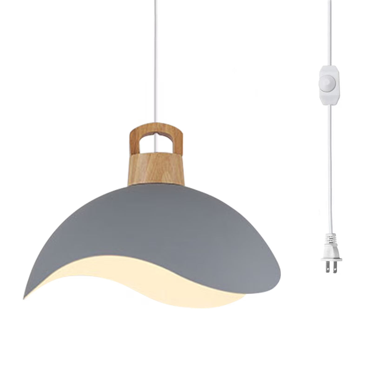 Kiven Modern Plug-in Pendant Light with Wavy Shade & Wood Top, Dimmable Hanging Cord Light