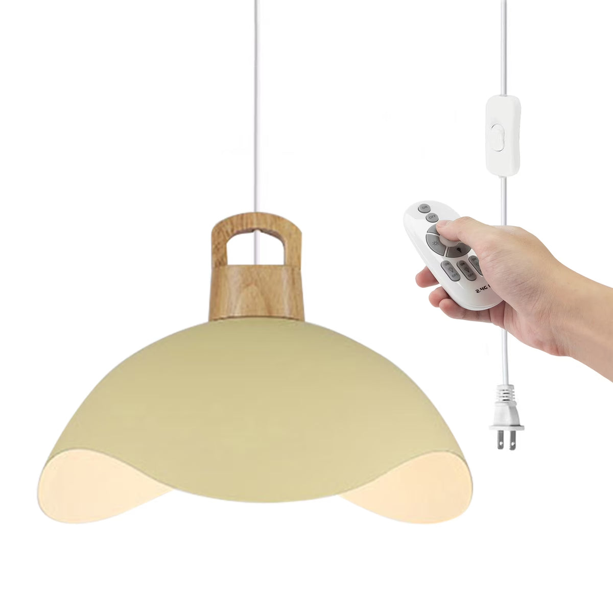Kiven Modern Plug-in Pendant Light with Wavy Shade & Wood Top, Dimmable Hanging Cord Light