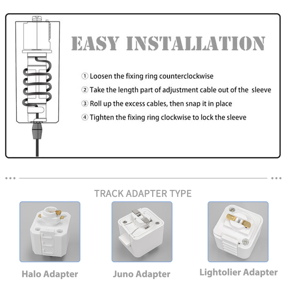 Track pendant light installation guide: Steps and track adapter types (Halo, Juno, Lightolier).
