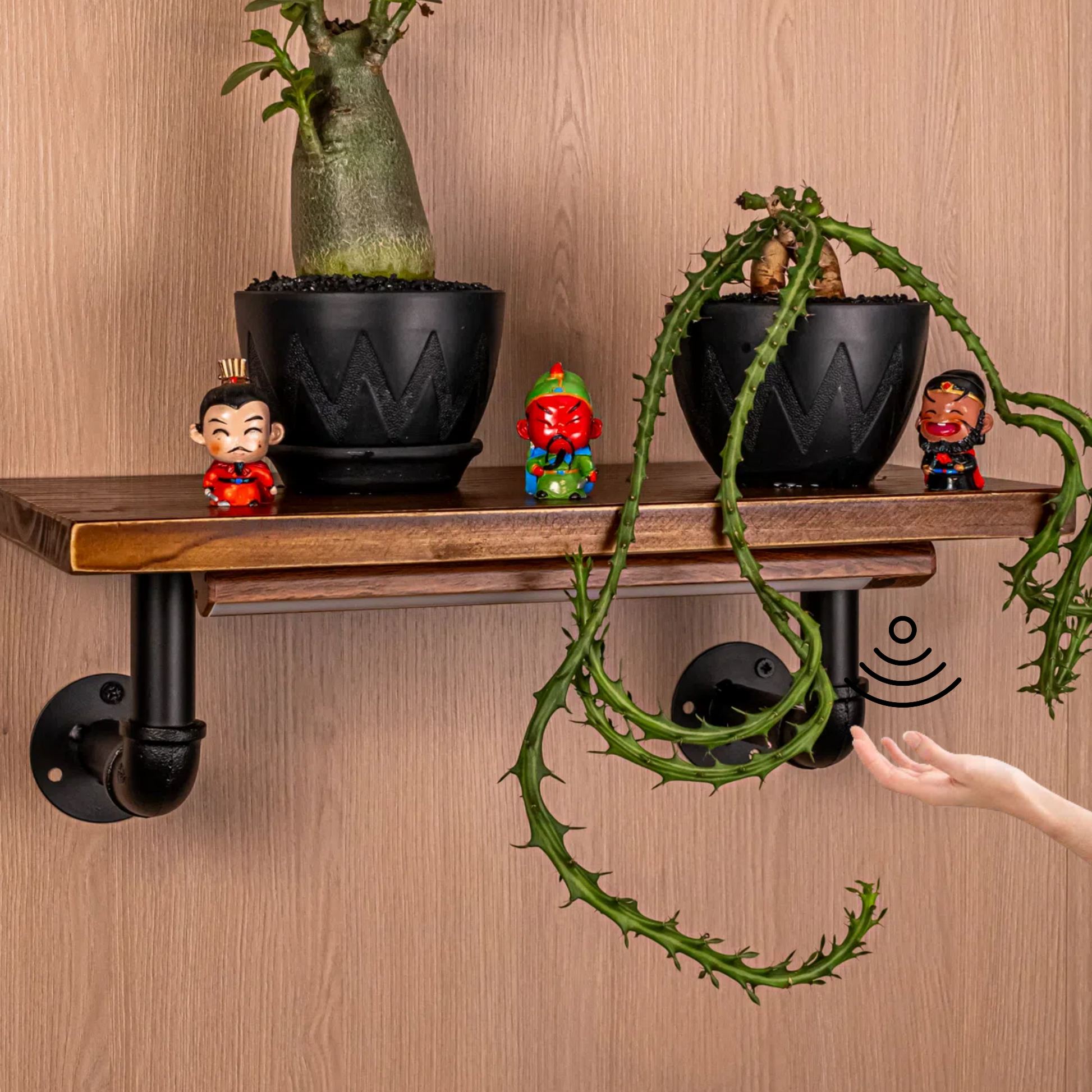 Touchless switch, rechargeable dimmable lamp, industrial-style pipe wall shelf decorative single-line solid wood shelf / wall-mounted shelving rack.