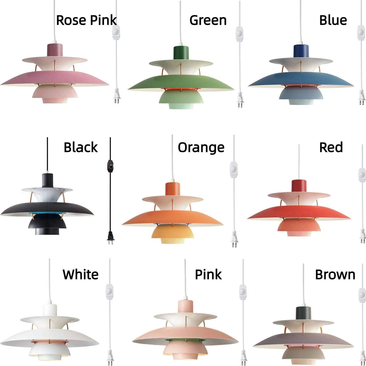 Kiven Plug-in Pendant Light color options: Rose, Green, Blue, Black, Orange, Red, White, Pink, Brown. Hanging ceiling light.