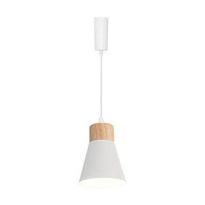 Modern pendant lighting with white metal shade and wood base, ideal for kitchen lighting
