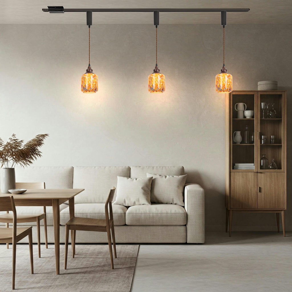 Kiven H-Type Track Lighting Pendants,3-Light Modern h Track Pendant Lights with Orange Glass Globe,Decorative Track Lighting Fixture Adjustable Cord Length for Kitchen Restaurant TBB010
