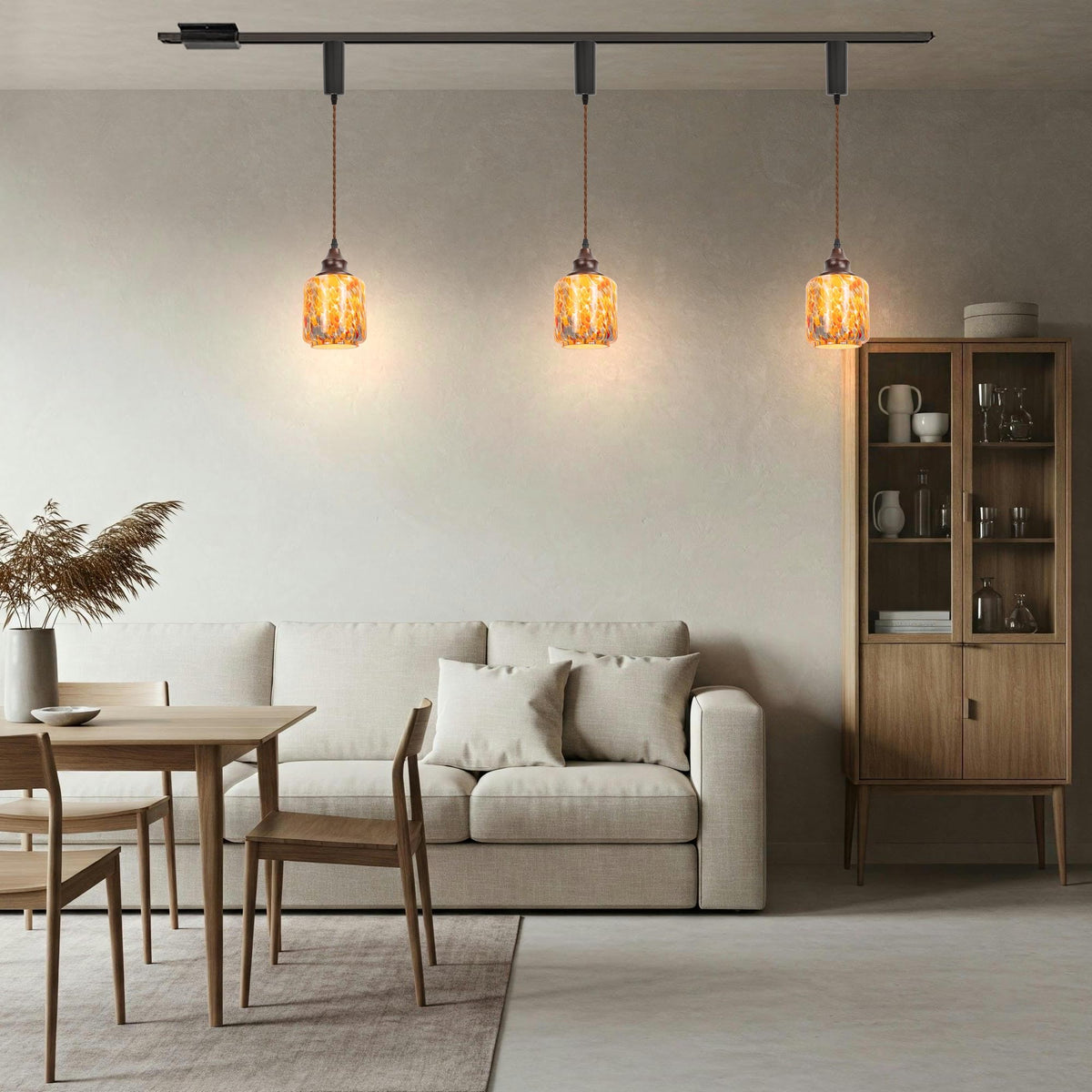 Kiven H-Type Track Lighting Pendants,3-Light Modern h Track Pendant Lights with Orange Glass Globe,Decorative Track Lighting Fixture Adjustable Cord Length for Kitchen Restaurant TBB010