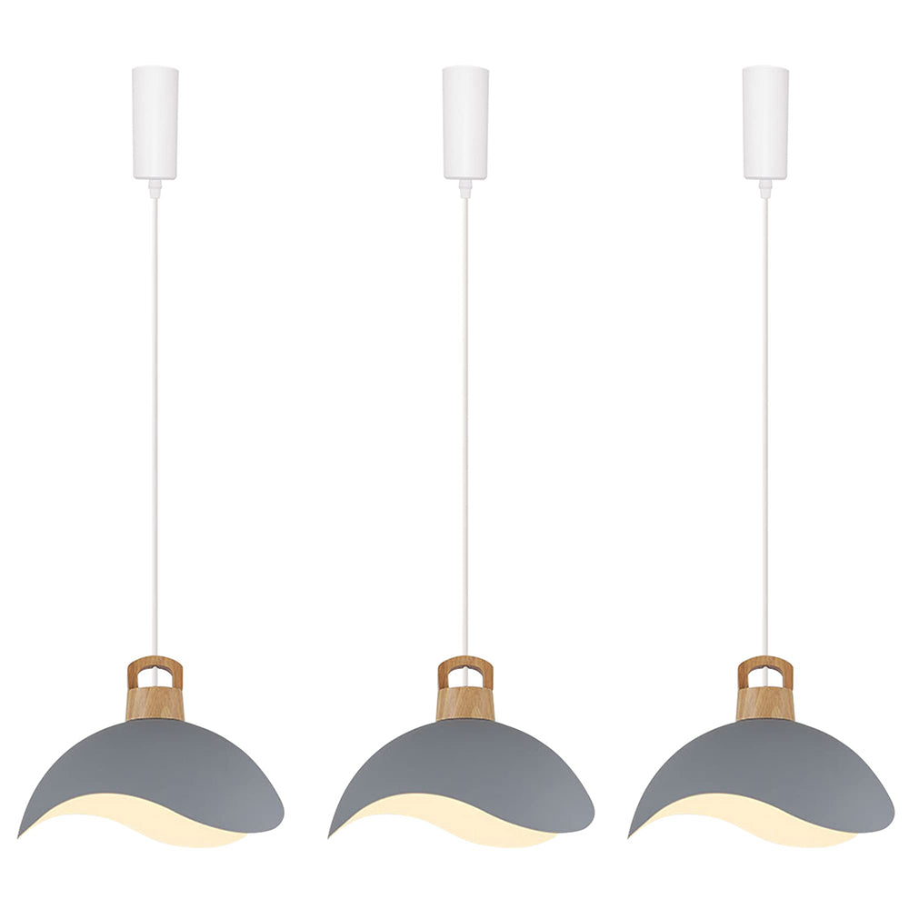 Track pendant lights with gray iron shades, adjustable length, wooden accents, suitable for modern home lighting.