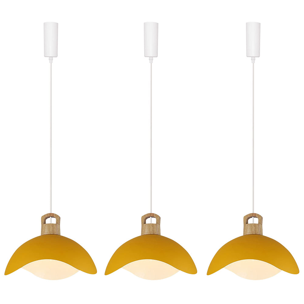 Yellow iron shade pendant lights with wooden accents, ideal for home lighting. Adjustable cord for versatile installation.