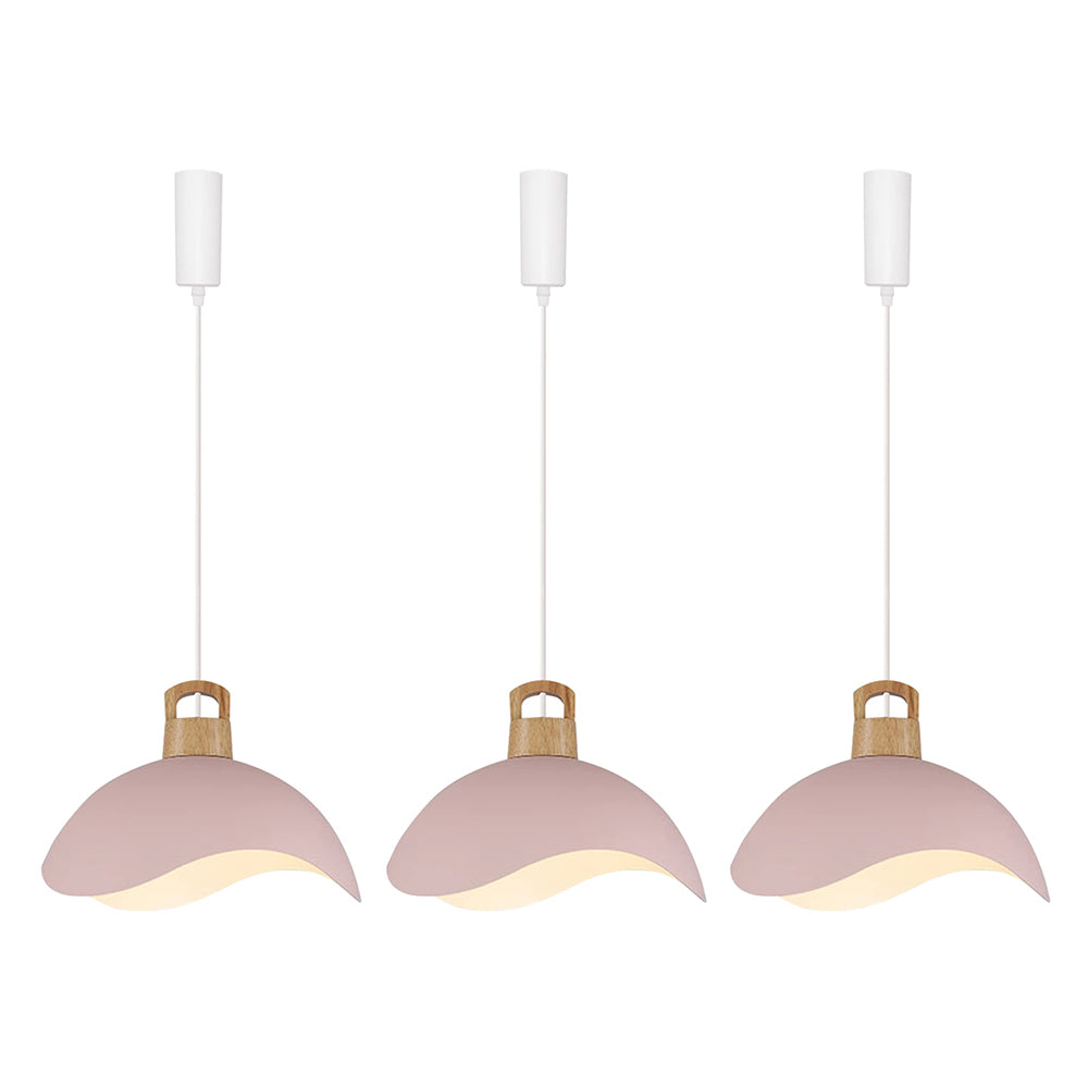 Pink iron shade track pendant lights with wooden accents, adjustable length, modern home lighting.