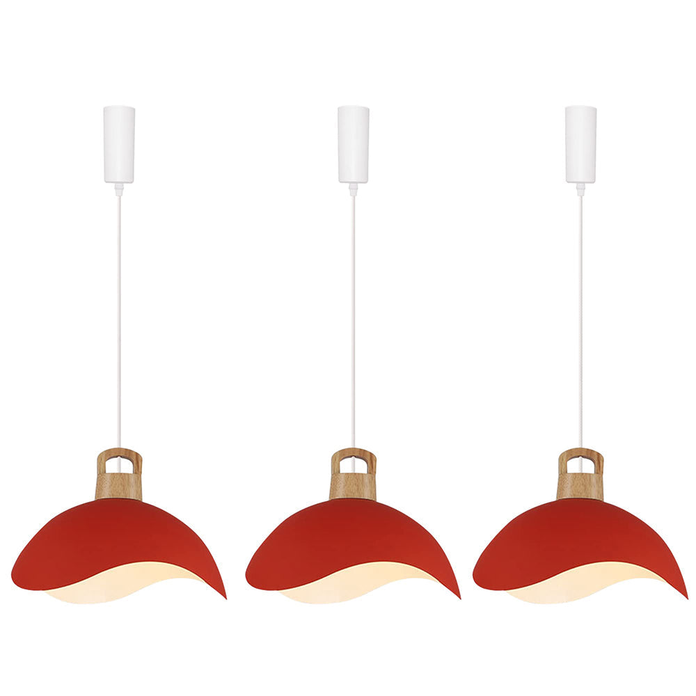Red iron shade pendant lights with wooden accents. Track light for home lighting, adjustable cord length, minimalist design.