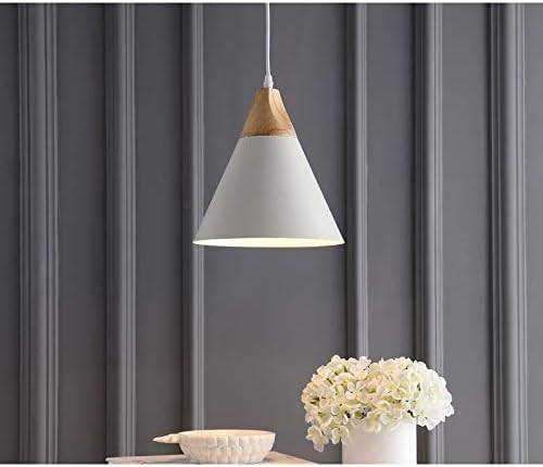 White Scandinavian pendant track light with wood accent, ideal for kitchen, dining room. Modern design.