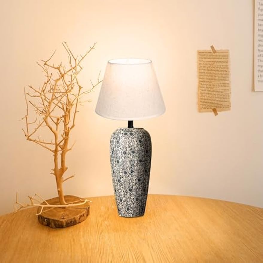 Kiven Cordless Table Lamp, Dimmable LED Vase Lamps with Fabric Lampshade, Classic Cottage Ambient Light, 1-Light Rechargeable Nightstand Lamp for Office Bookcase Bedside TD1015A