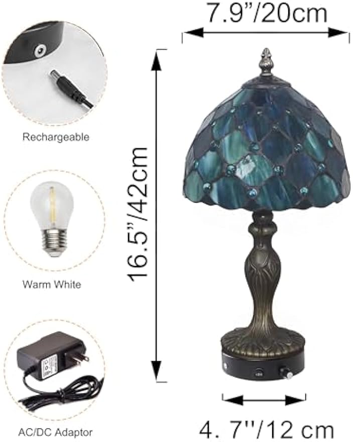 Kiven Cordless Table Lamp,1-Light Dimmable Bedside Lamps for Nightstand with Glass Lampshade, Cordless Tiffany Lamp for Reading Home Decor Bedside TD0901