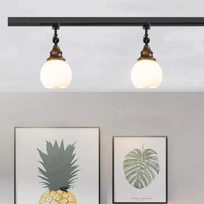Adjustable Angle H-Type Track Head E26 Walnut Base White Glass Ball Shade Dimmable Track Light Vintage Decor for Kitchen Home Office 1 Pcs(No Track)
