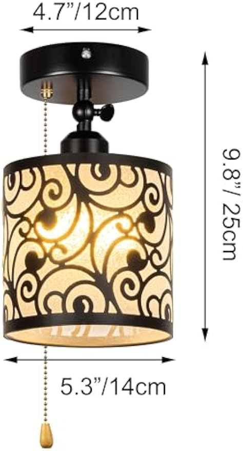 Black RV ceiling light with adjustable pull chain, metallic vines hollowed-out design, perfect for RV interior lighting