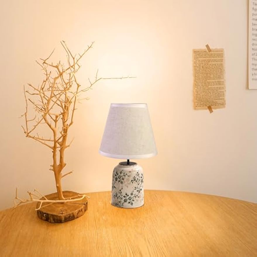 Kiven Cordless Table Lamp, Dimmable LED Vase Lamps with Fabric Lampshade, Classic Cottage Ambient Light, 1-Light Rechargeable Nightstand Lamp for Office Bookcase Bedside TD0997