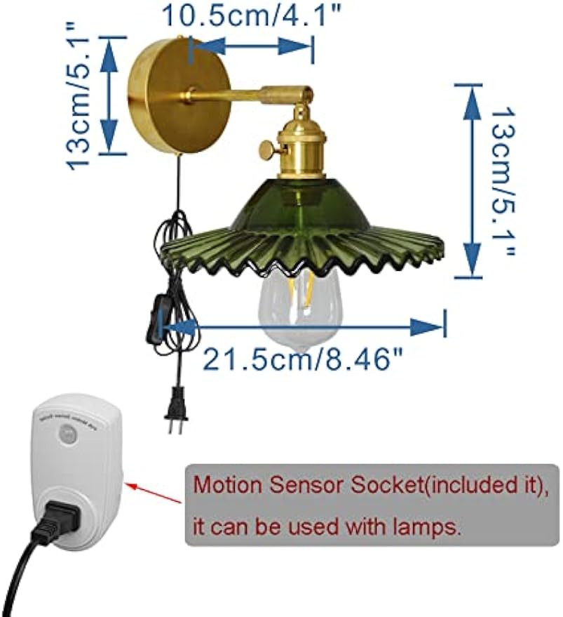 Kiven 2-Lamps Plug in PIR Motion Sensor Wall Sconces UL 5.9 Ft Button Cord,E26 Base,Copper Base Green Glass Shade Vintage Wall Light Fixture for Hallway Bedroom Hotel Balcony Entrance (No Bulb)