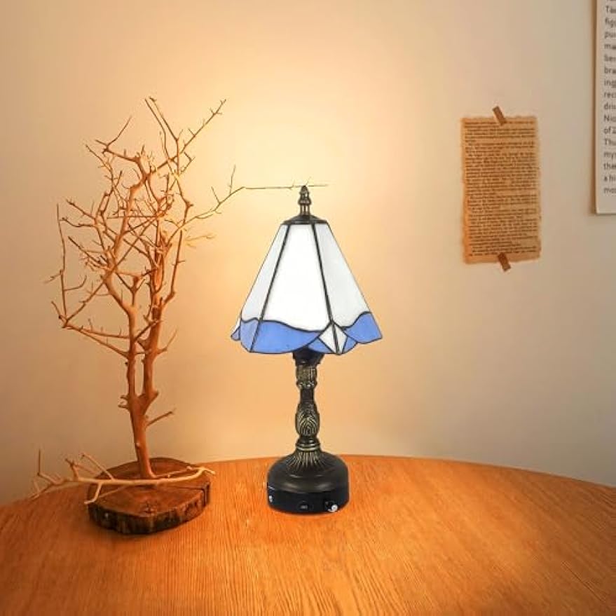 Kiven Cordless Table Lamp,1-Light Dimmable Bedside Lamps for Nightstand with Glass Lampshade, Cordless Tiffany Lamp for Reading Home Decor Bedside TD0915