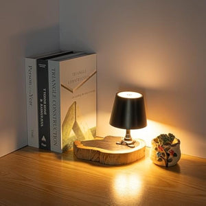 Kiven black shade cordless bedside lamp with wooden base, ideal for home decor, shown with books and plant.