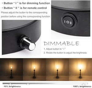 Kiven Dimmable Table Lamp. Shows dimming controls with dial, buttons, and brightness levels. Rustic Farmhouse design.