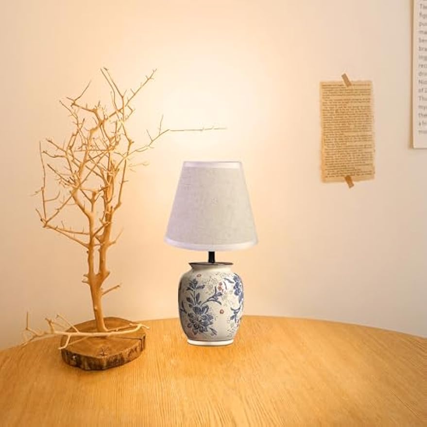 Kiven Cordless Table Lamp, Dimmable LED Vase Lamps with Fabric Lampshade, Classic Cottage Ambient Light, 1-Light Rechargeable Nightstand Lamp for Office Bookcase Bedside TD0993