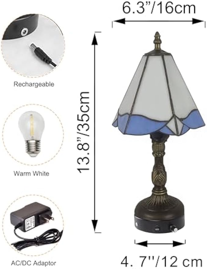 Kiven Cordless Table Lamp,1-Light Dimmable Bedside Lamps for Nightstand with Glass Lampshade, Cordless Tiffany Lamp for Reading Home Decor Bedside TD0915