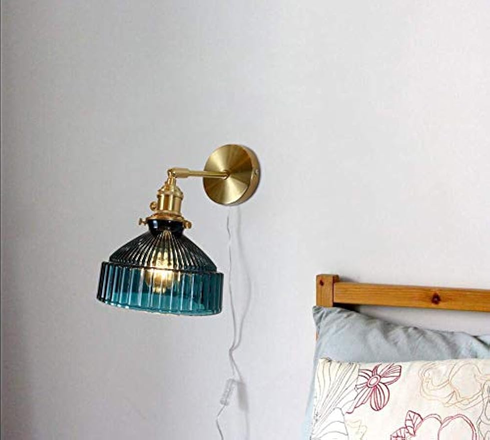 Kiven Nordic Creative Style Wall Sconces with 5.9Ft UL Plug-in Button Transparent Cord E26 Lamp Base Dark Green Lampshade Copper Base Wall Light Fixtures for Bedroom Dorm Hotel Bulb Not Included